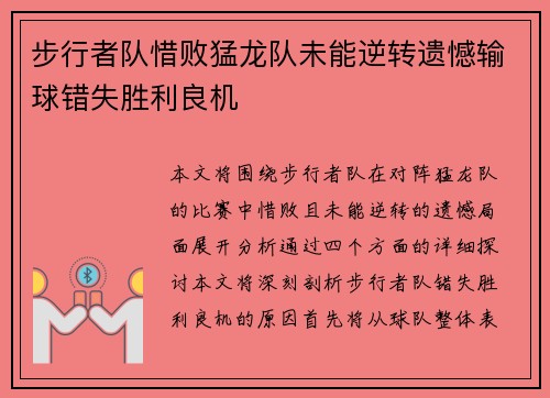 步行者队惜败猛龙队未能逆转遗憾输球错失胜利良机