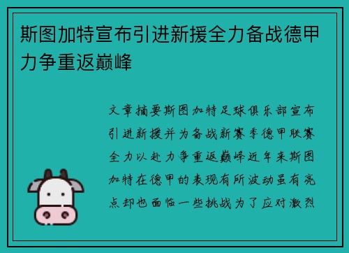 斯图加特宣布引进新援全力备战德甲力争重返巅峰