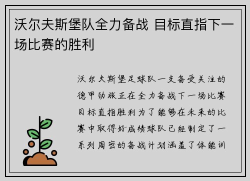 沃尔夫斯堡队全力备战 目标直指下一场比赛的胜利