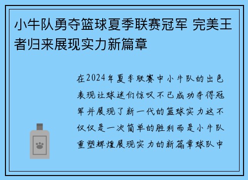 小牛队勇夺篮球夏季联赛冠军 完美王者归来展现实力新篇章