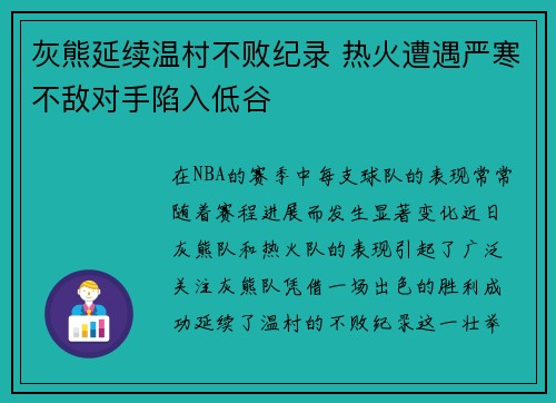 灰熊延续温村不败纪录 热火遭遇严寒不敌对手陷入低谷