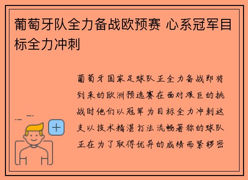 葡萄牙队全力备战欧预赛 心系冠军目标全力冲刺