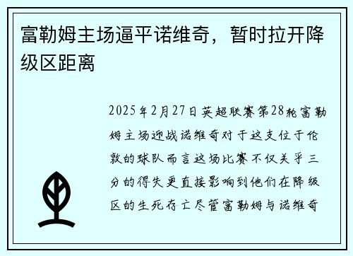 富勒姆主场逼平诺维奇，暂时拉开降级区距离