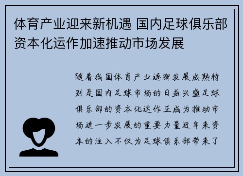 体育产业迎来新机遇 国内足球俱乐部资本化运作加速推动市场发展