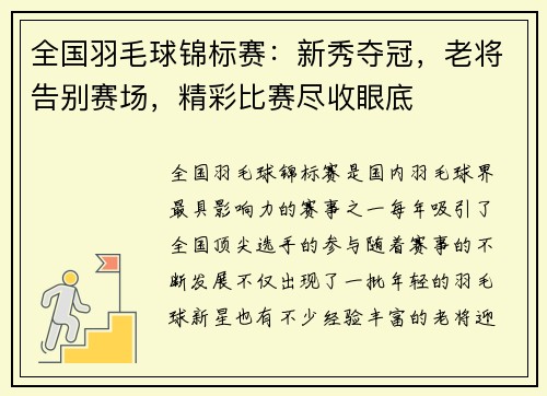全国羽毛球锦标赛：新秀夺冠，老将告别赛场，精彩比赛尽收眼底
